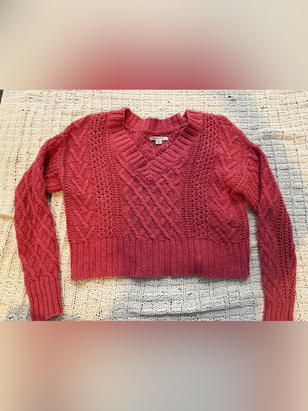 American Eagle Outfitters Cable Knit V-Neck Sweater - Raspberry